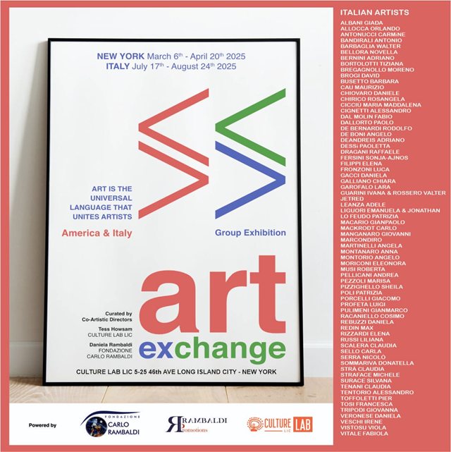Locandina della mostra Art Exchange, America & Italy, Group Exhibition: New York 6 marzo – 20 aprile 2025, Italia 17 luglio – 24 agosto 2025, con l’elenco degli artisti italiani