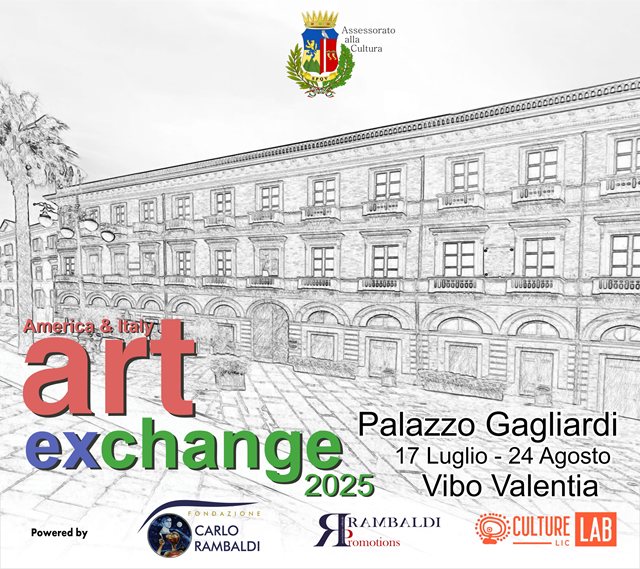 Locandina della tappa di Vibo Valentia: art exchange 2025, Palazzo Gagliardi, 17 luglio – 24 agosto, su un disegno della facciata del palazzo